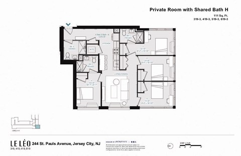 Floor plan for 1 bed, 1 bath, 111 sqft